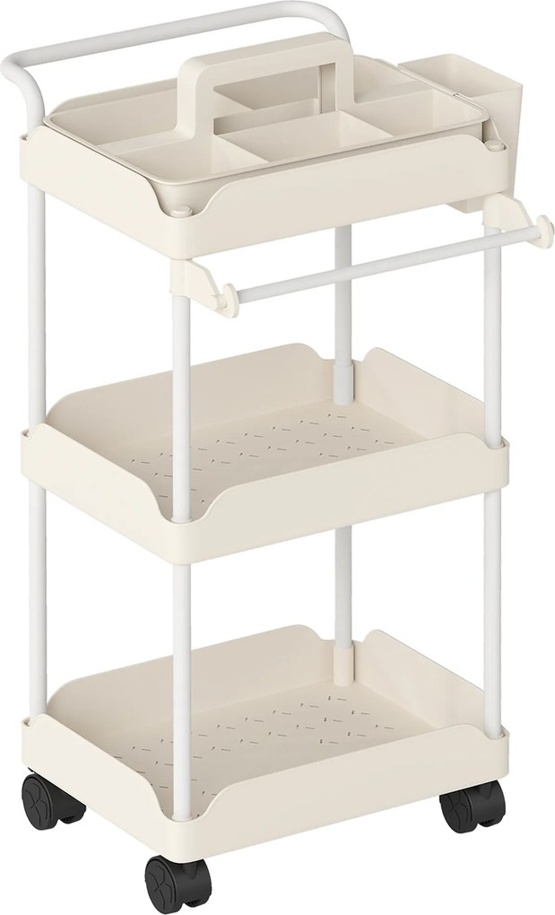 Carrinho Auxiliar com Rodas de 3 Níveis com Cestos Extraíveis Suporte para Toalhas e Estrutura de Metal 42x42,5x76 cm Branco