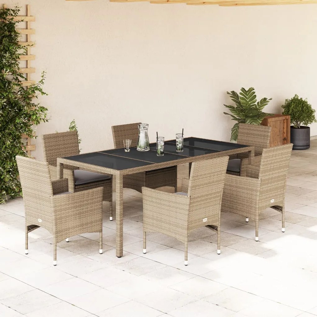 vidaXL 7 pcs conjunto jantar jardim com almofadões vime PE/vidro bege