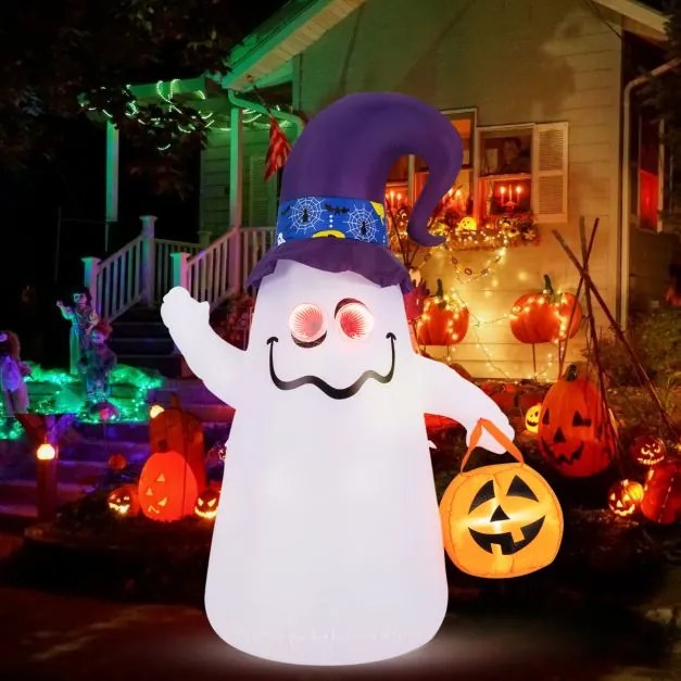 Fantasma com abóbora insuflável de Halloween 180 cm com chapéu de bruxa, espelho de luz infinita e 5 luzes LED Decoração de jardim