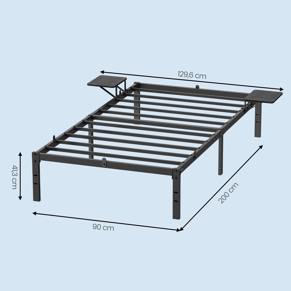 Estrutura de cama de casal em metal 200 x 90 x 40,6 cm (COLCHÃO NÃO INCLUIDO) com prateleiras de arrumação em preto