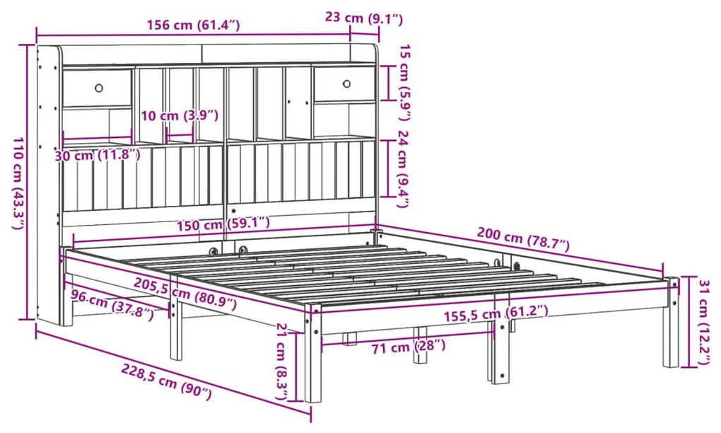 Cama com estante sem colchão 150x200 cm pinho maciço