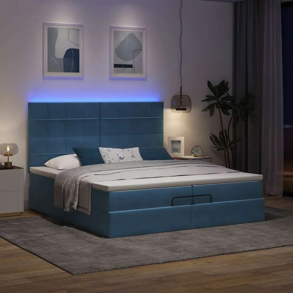 Cama otomana com colchões/LEDs 200x200 cm veludo azul-escuro