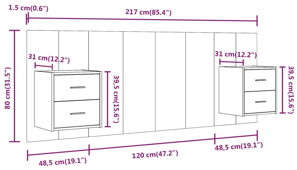 Cabeceira cama + armários madeira processada sonoma cinzento