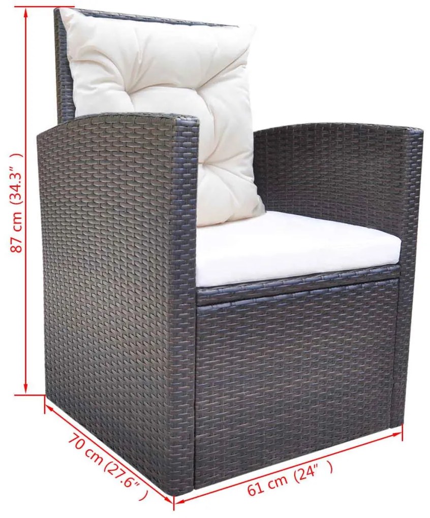 6 pcs conjunto jantar exterior com almofadões vime PE castanho