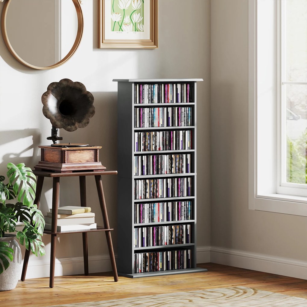 Organizador para CD e DVD com 8 compartimentos e 6 prateleiras ajustáveis, capacidade máxima de 360 CD/185 DVD e Blu-ray, cinzento