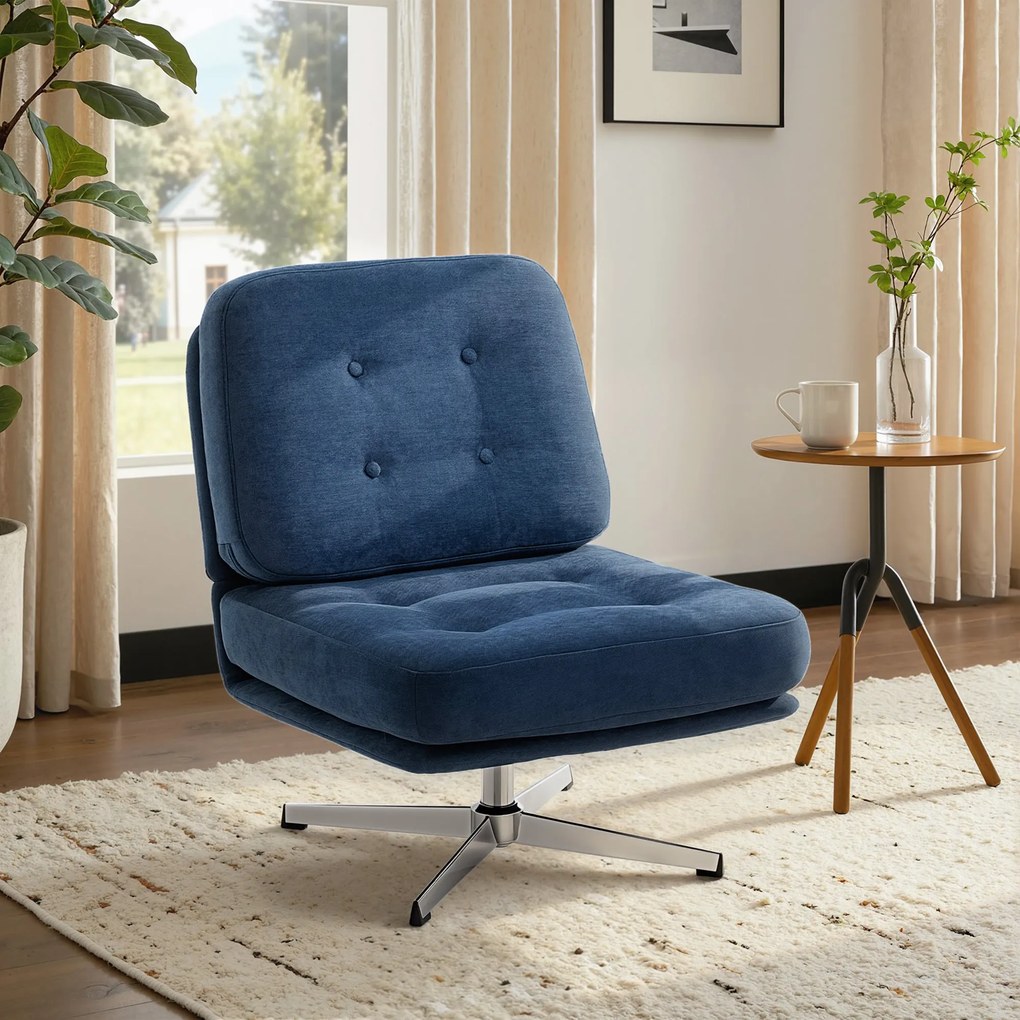 Poltrona de sala sem braços, cadeira giratória em tecido de chenille, assento largo, pés cruzados, 70 x 87 x 84 cm, azul escuro