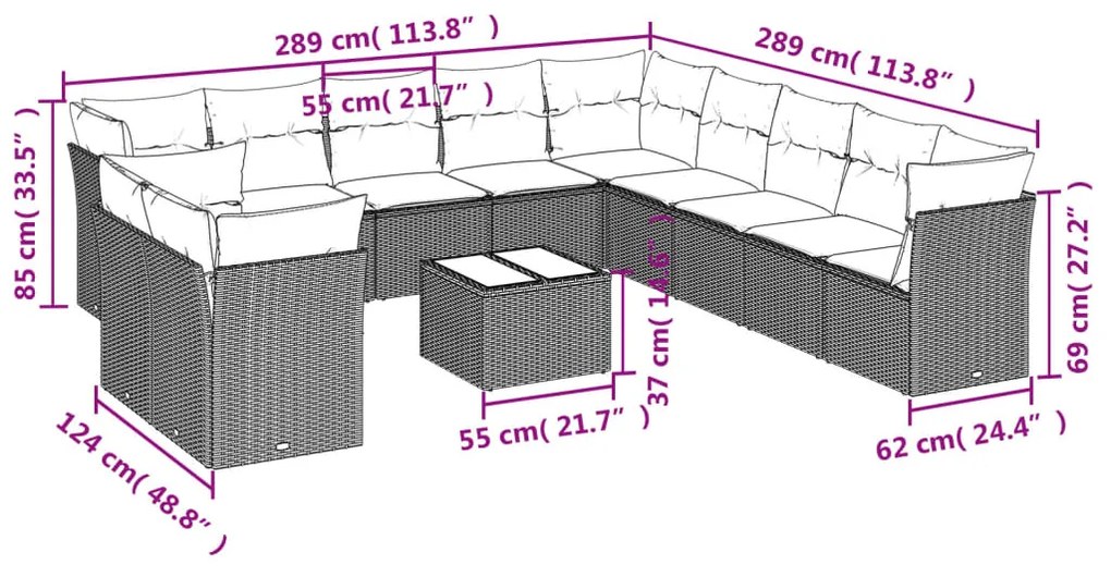 12 pcs conjunto de sofás p/ jardim com almofadões vime PE bege