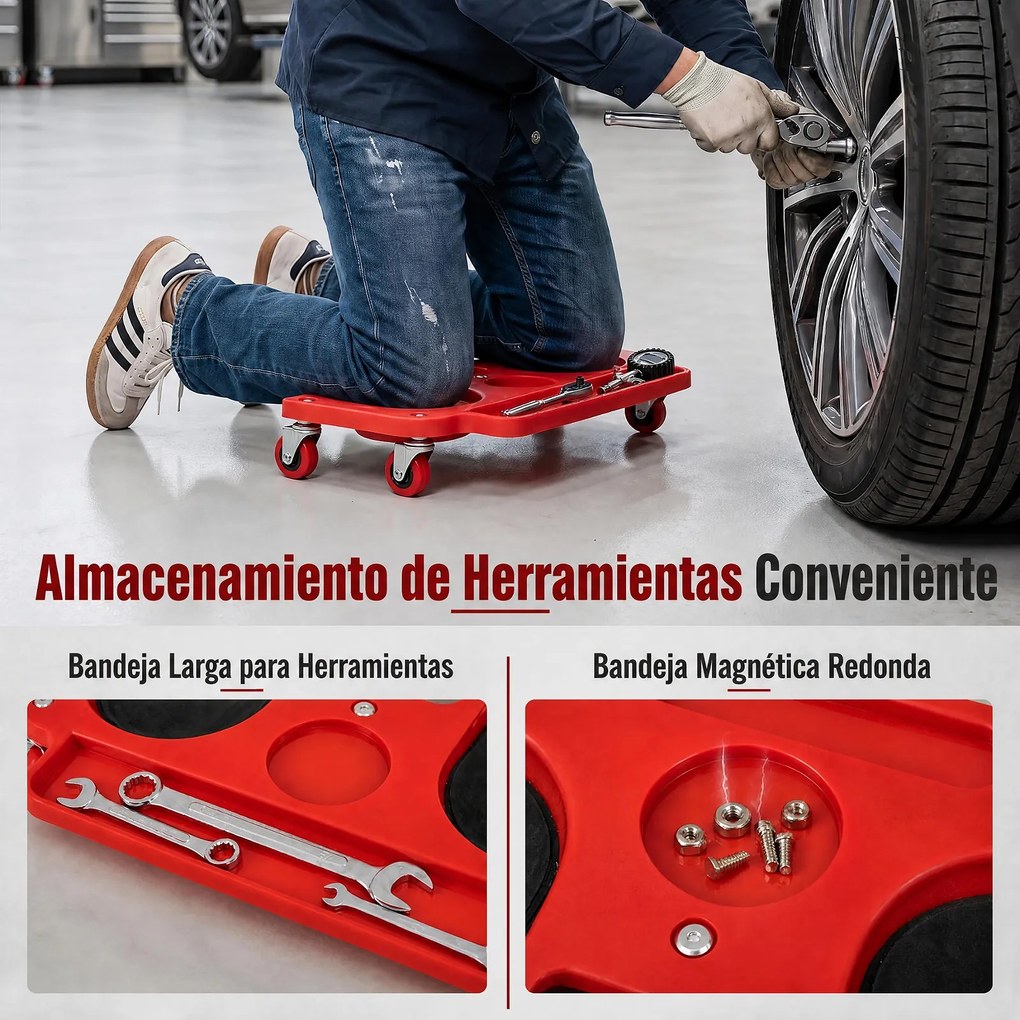 Ajoelhador de Oficina com Rodas e Tabuleiro para Ferramentas, 50 x 25,5 x 9 cm, Almofadas em Espuma EVA, Vermelho
