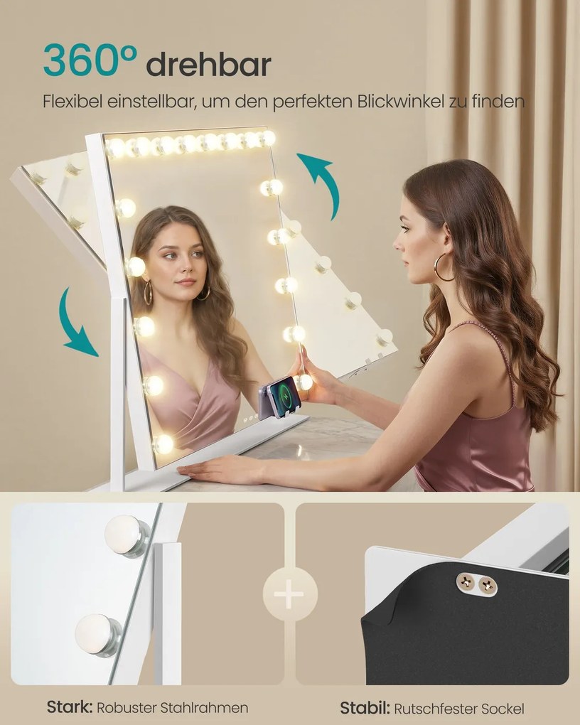 Espelho de maquilhagem 80 x 60 cm com iluminação e 18 lâmpadas LED, branco