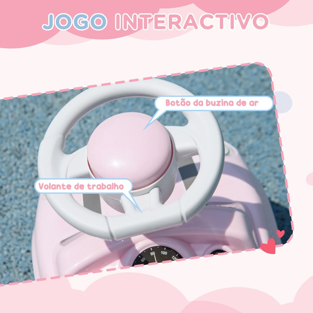 Carro Andador para Bebés de 18-36 Meses com Volante Buzina e Sistema Anti-Tombo 53x25x35 cm Rosa