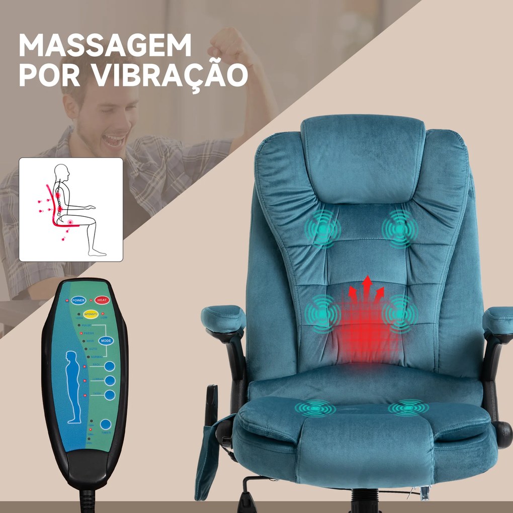 Cadeira de Escritório com 6 Pontos de Massagem Reclinável até 130° com Função de Aquecimento 68x72x110-120 cm Azul