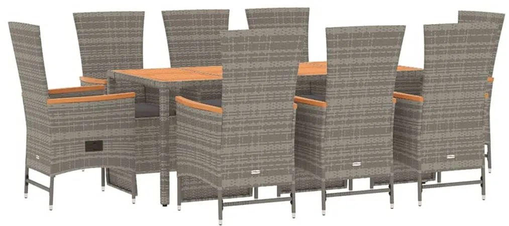 9 pcs conjunto de jantar p/ jardim c/ almofadões vime PE cinza