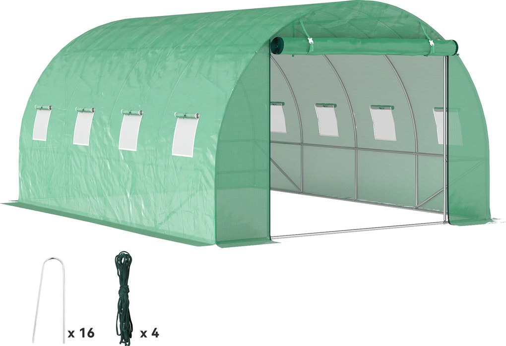 Estufa tipo túnel de jardim 3 x 4 x 2 m com porta enrolável e janelas amplas, em aço galvanizado e PE, verde