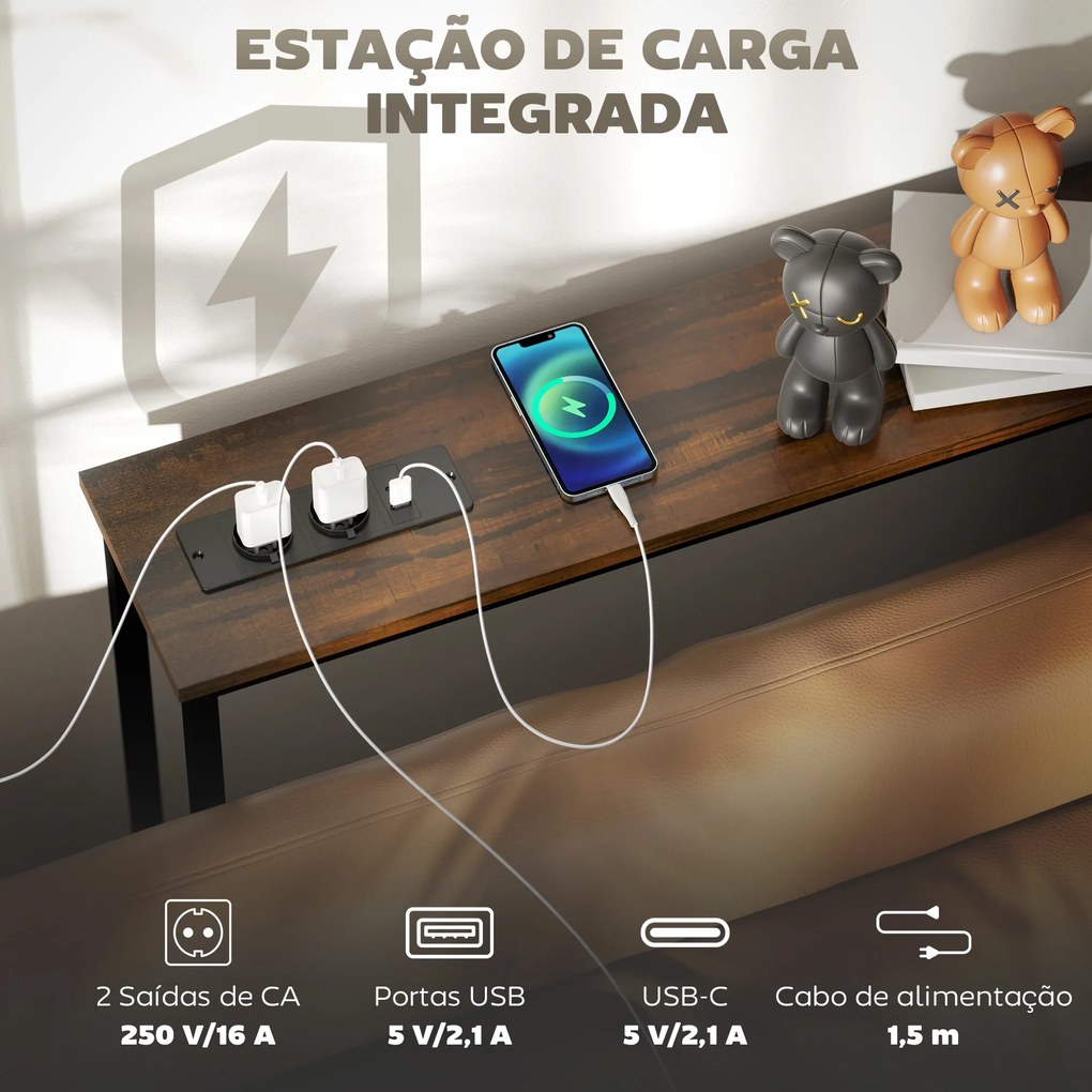 Mesa de Consola Estreita Consola com Estação de Carga Estrutura de Aço Estilo Industrial para 160x20x80 cm Castanho Rústico