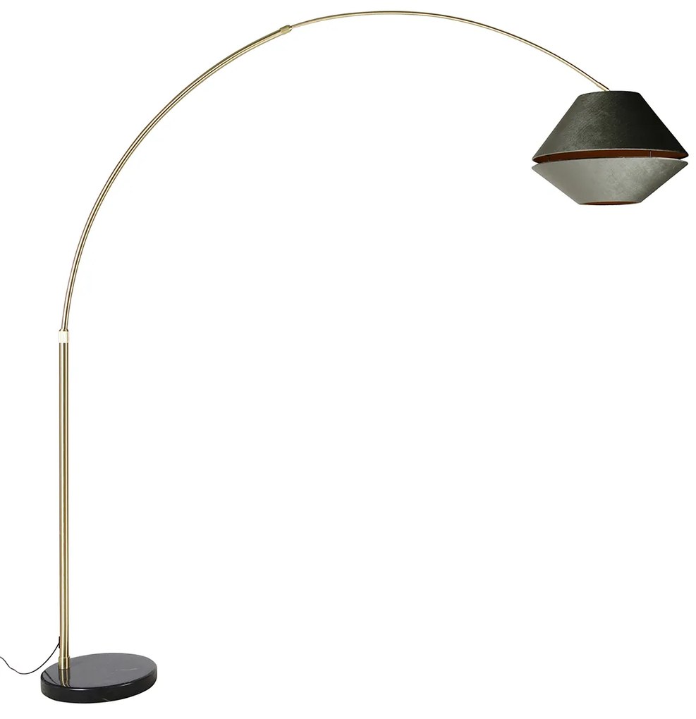 Candeeiro de Arco em Latão com Abajur Duplo de Veludo Preto e Verde - XXL