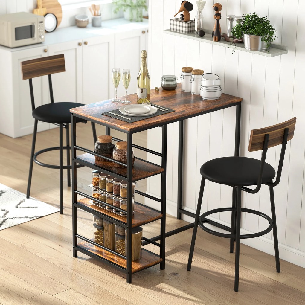 Mesa de bar alta com 3 prateleiras de arrumação e estrutura em aço (BANCOS NÃO INCLUIDOS), 90 x 50 x 90,5 cm, castanho rústico, preto