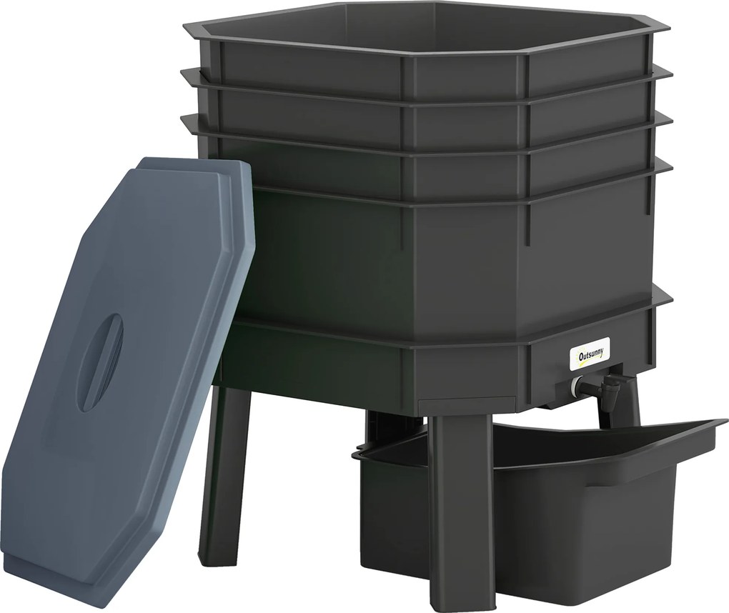 Outsunny Composteira 28 L, 39 x 39 x 51,5 cm Composteira rápida com bandejas, resistente às intempéries, composteira térmica Cinza escuro | Aosom Portugal