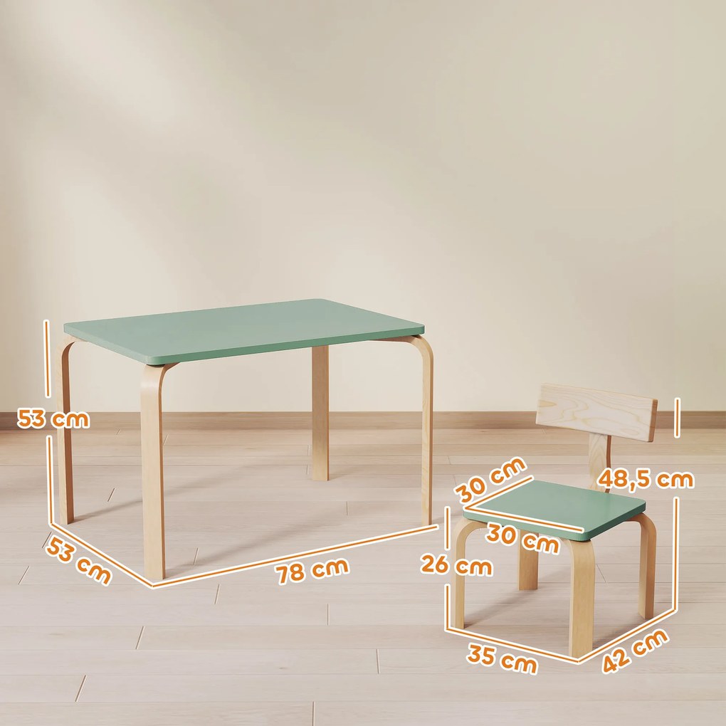Mesa infantil com cadeiras, conjunto composto por uma mesa e duas cadeiras infantis de madeira para desenhar, brincar e estudar, 78 x 53 x 53 cm, verd