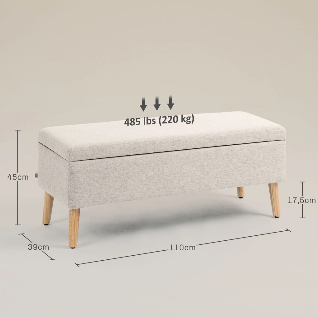Banco com arrumação estofado com aspeto de linho para quarto, entrada ou sala de estar, capacidade de 220 Kg, 110 x 39 x 45 cm, bege
