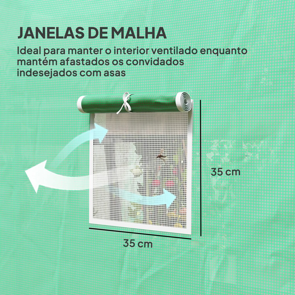 Estufa Tipo Túnel 296x196x200 cm Estufa de Jardim com 3 Portas e 6 Janelas Enroláveis Teto Curvo para Cultivo Verde