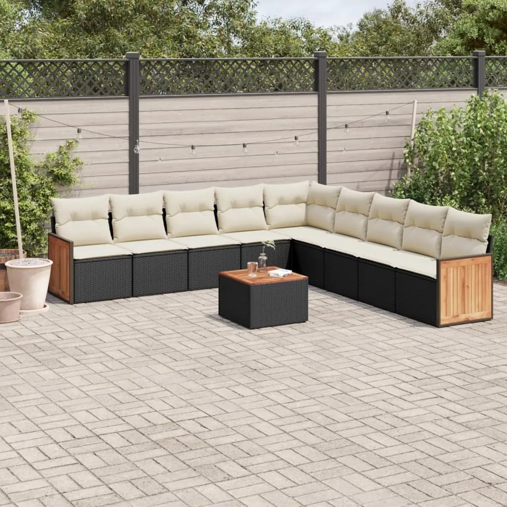 10 pcs conjunto sofás de jardim c/ almofadões vime PE preto