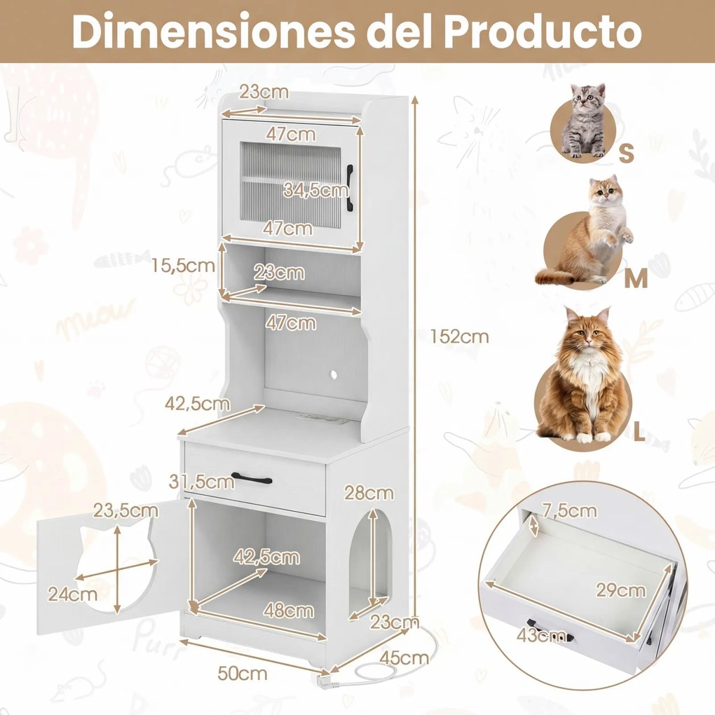 Móvel para Gatos, 50 x 45 x 152 cm, Compartimento Oculto para Caixa de Areia, Branco