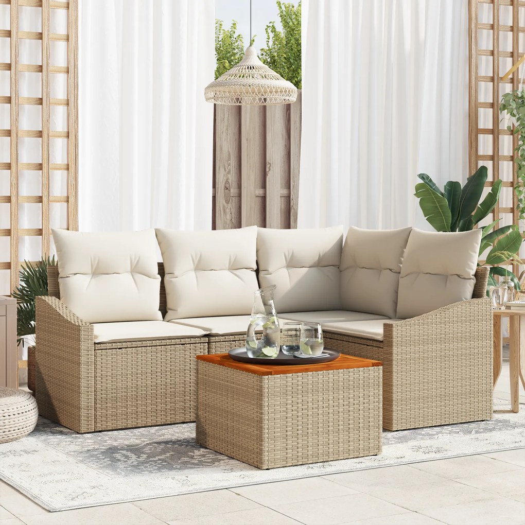 vidaXL Conjunto de Sofá de 5 Peças com Almofadas Bege de Rattan Polipropileno Acácia