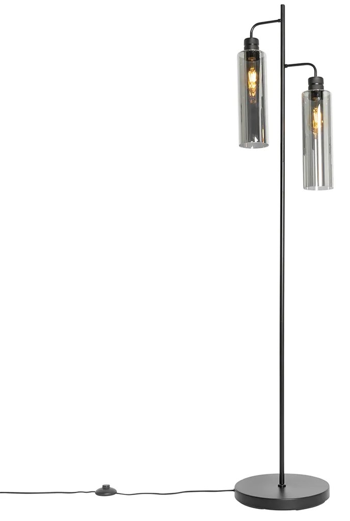 Candeeiro de pé moderno preto com vidro fumê 2 luzes - Stavelot Moderno