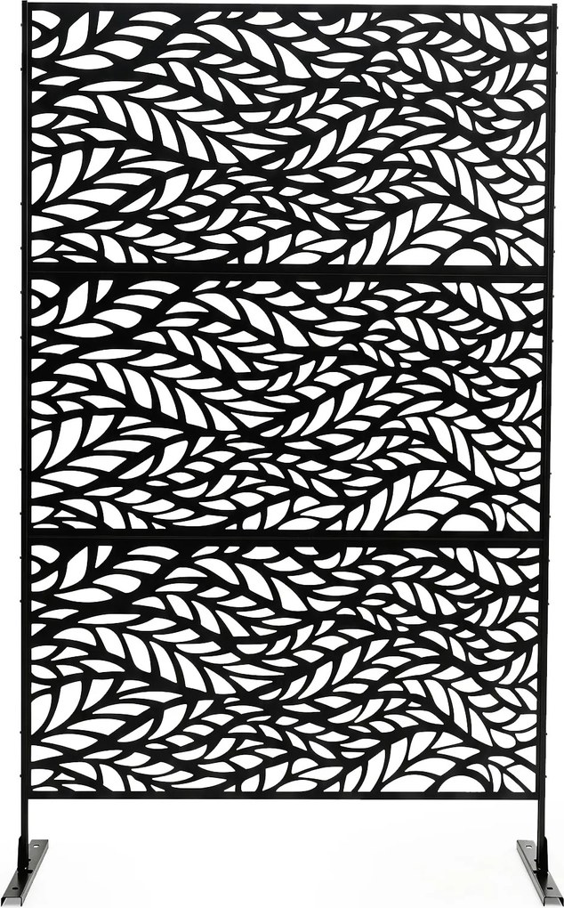 Biombo de Privacidade com Motivo de Folhas, 123 x 45 x 198,5 cm, Estrutura em Metal Galvanizado, Preto