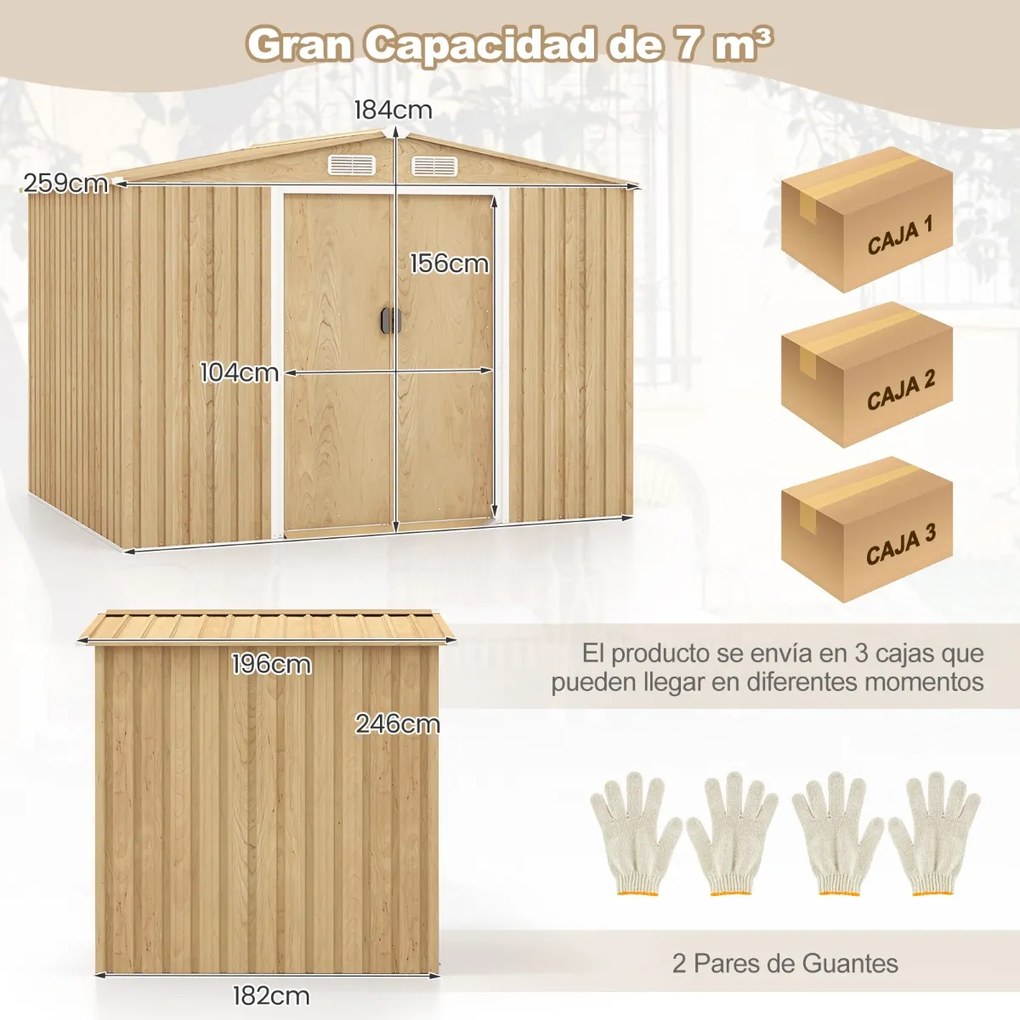 Abrigo jardim com base de fundação (SEM PISO) em metal galvanizado 259 x 196 x 184 cm Castanho