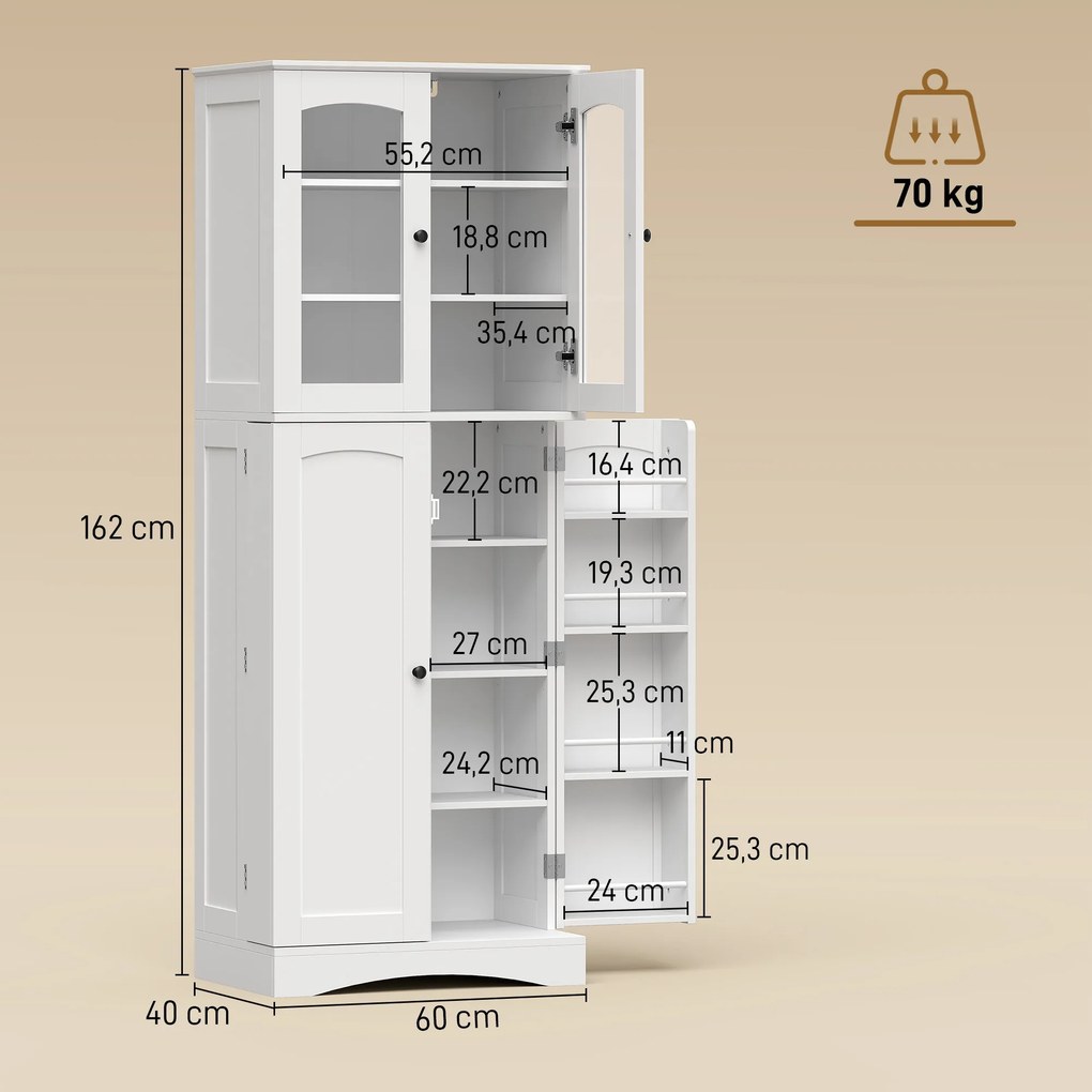 Armário de cozinha  60 x 40 x 162 cm com vitrina em acrílico, 4 portas, 10 compartimentos, 8 suportes para prateleiras, branco