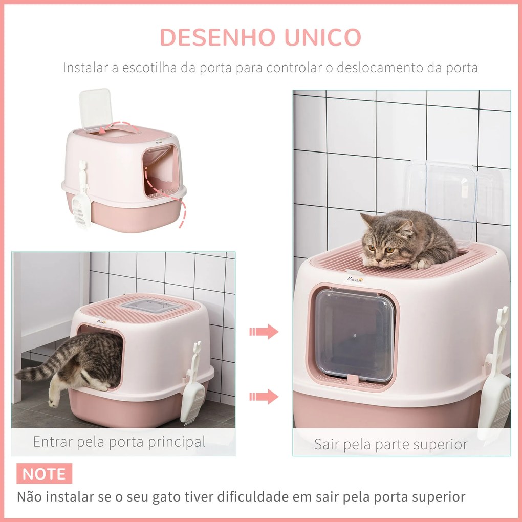 Caixa de Areia para Gatos Caixa de Areia Fechada com Entrada Dianteira Saida Superior Bandeja Removível e Pá 40x53,5x37,5cm Rosa