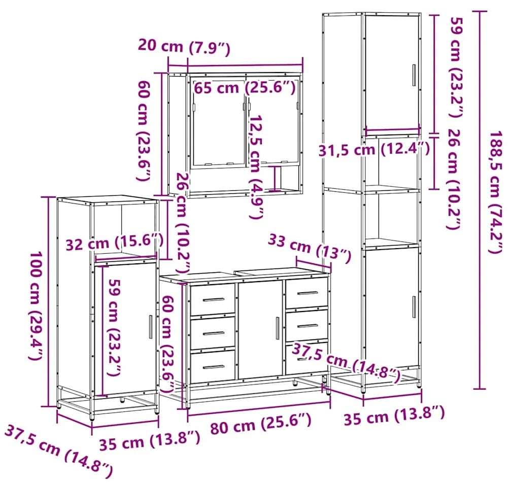 4 pcs Conjunto móveis casa de banho madeira proc. cinza sonoma