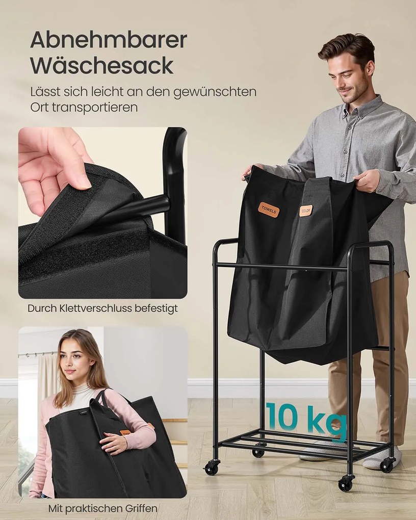 Cesto para roupa suja 140 L com rodas e 2 compartimentos Preto