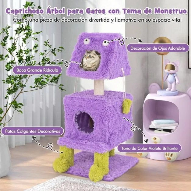 Arranhador para gatos com tema de monstros Poste para arranhar em pelúcia macia e comprida 48 x 48 x 111 cm Roxo