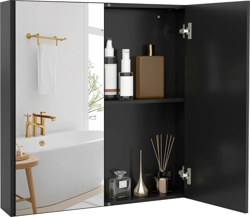 Armário de parede para casa de banho 62 x 65 cm com portas duplas espelhadas e prateleira ajustável preta