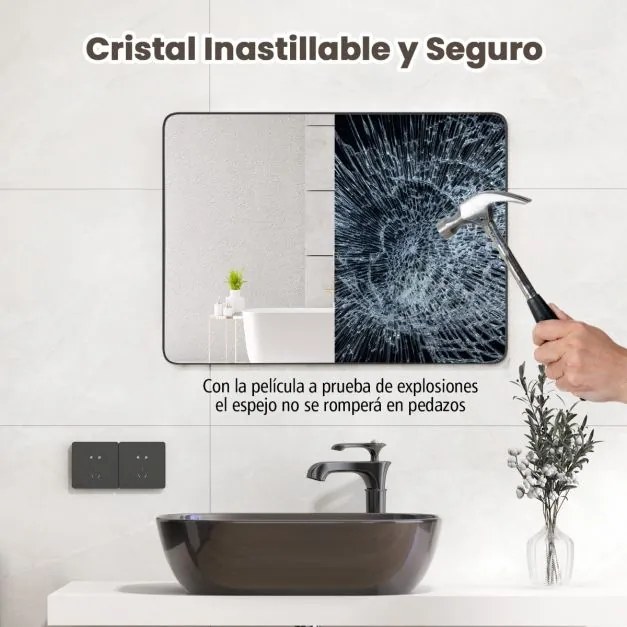 Espelho de casa de banho de parede retangular de 76,5 cm com película anti-explosão e moldura em aço inoxidável de canto redondo