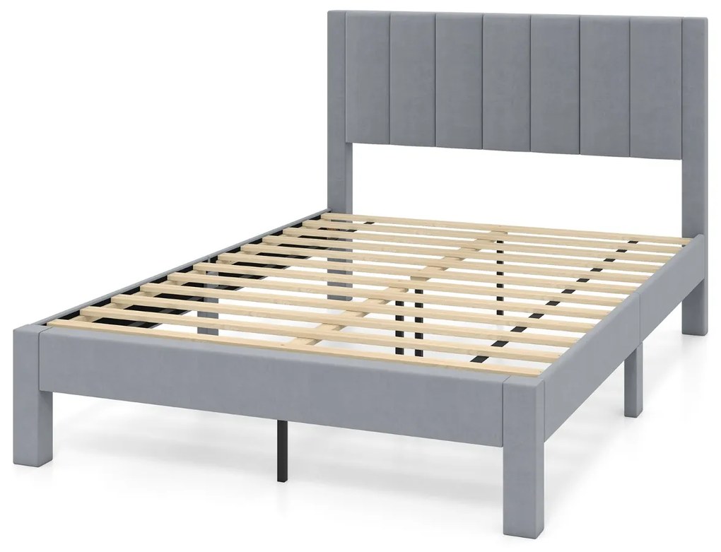 Estrutura de cama para colchão 200 x 140 cm, estofado em veludo, estrutura de cama de casal, plataforma, cama cinza