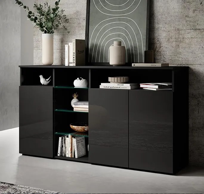 Aparador "Melinda" com Luzes LED - 150x82x40 cm - Preto Brilhante - De