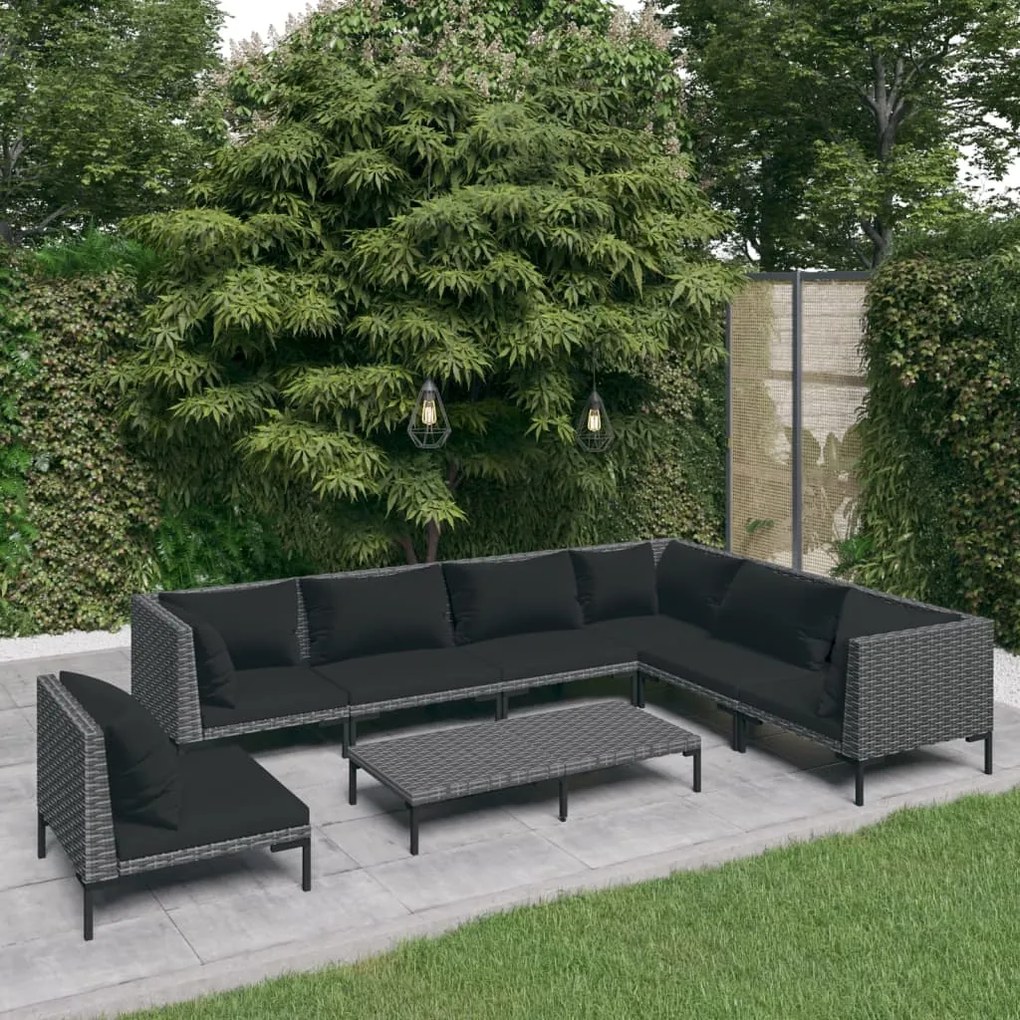 vidaXL 8 pcs conj. lounge jardim c/ almofadões vime PE cinzento-escuro