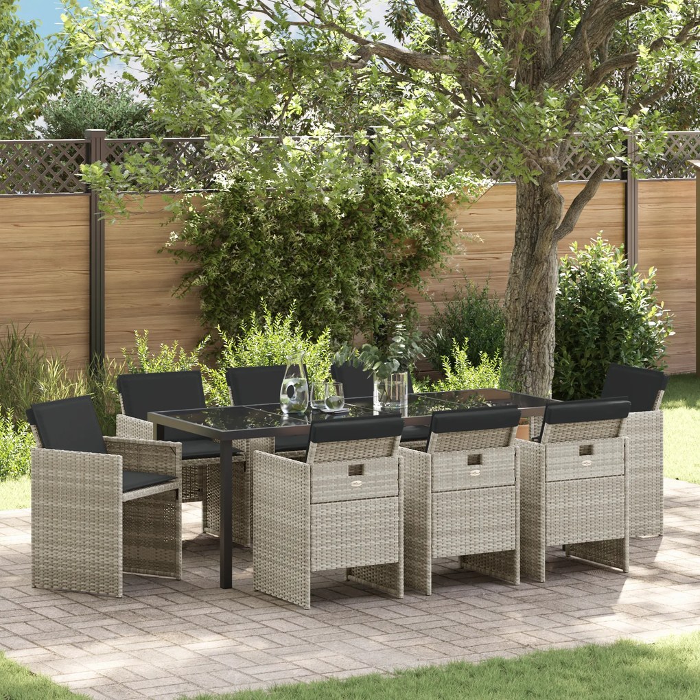 vidaXL Conjunto de Jantar de 9 Peças com Almofadas Cinza Claro Polyrattan