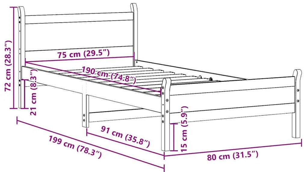 Cama sem colchão 75x190 cm madeira de pinho maciça castanho-mel