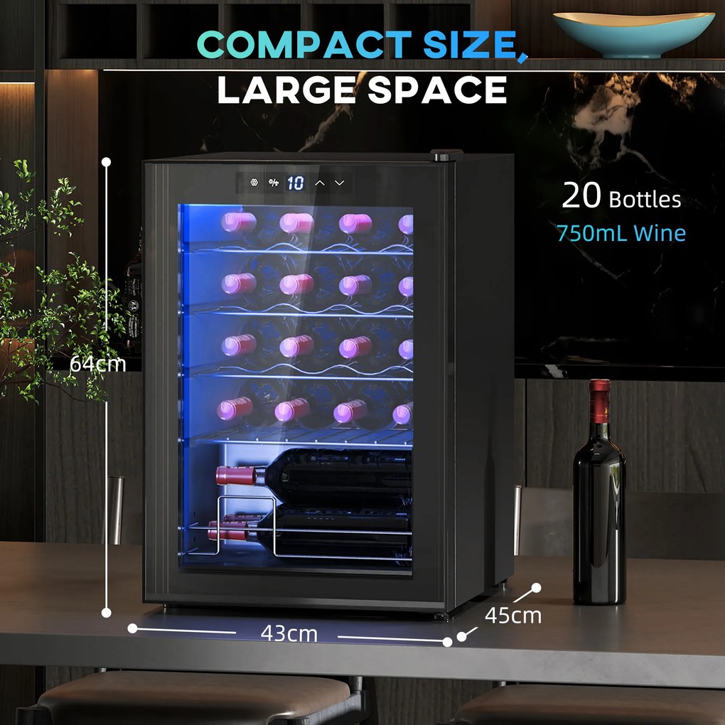 Frigorífico para Vinhos 20 Garrafas com Compressor, Porta Anti-UV, 5-18 °C, Painel Tátil, Luz LED, 39 dB, Preto