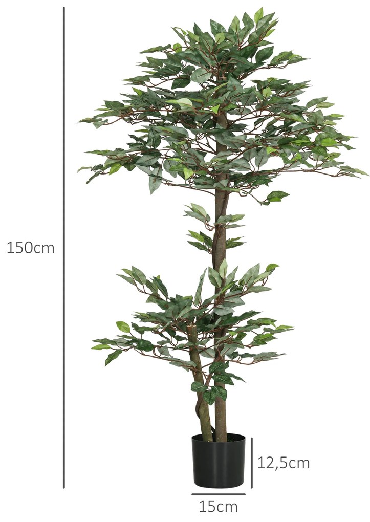 Planta Artificial Ficus 150 cm Planta Artificial com 1008 Folhas Musgo e Vaso para Exterior Casa Sala de Estar Escritório Verde