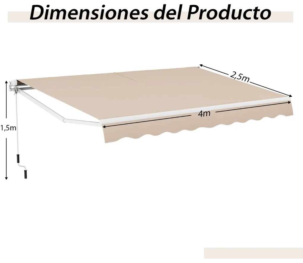 Toldo retrátil 4 x 2,5 m para pátio Cobertura em poliéster com manivela manual Estrutura em alumínio resistente bege