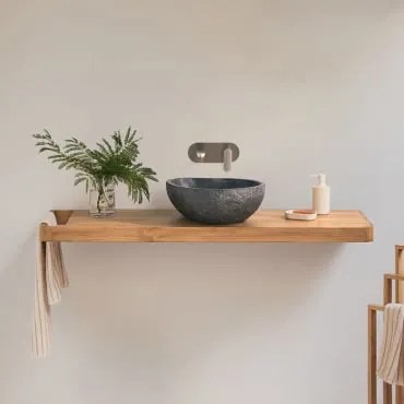 Conjunto De Móvel De Casa De Banho 130x45 Cm Suspenso Em Madeira De Teca Neill Madeira De Teca & Irregular Em Cimento Preto - Sklum