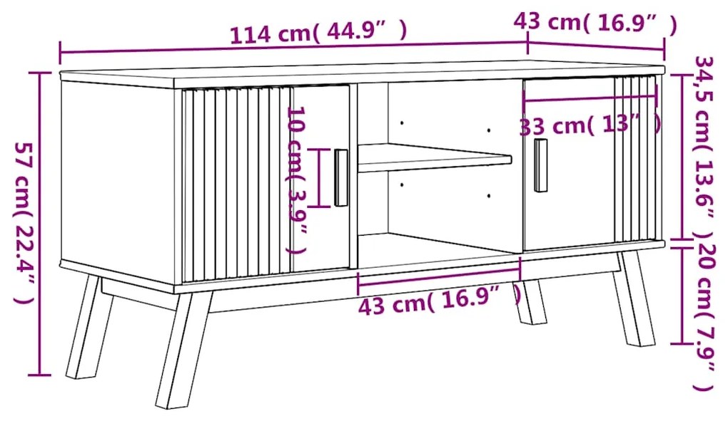 Móvel de TV OLDEN 114x43x57cm madeira de pinho maciça castanho