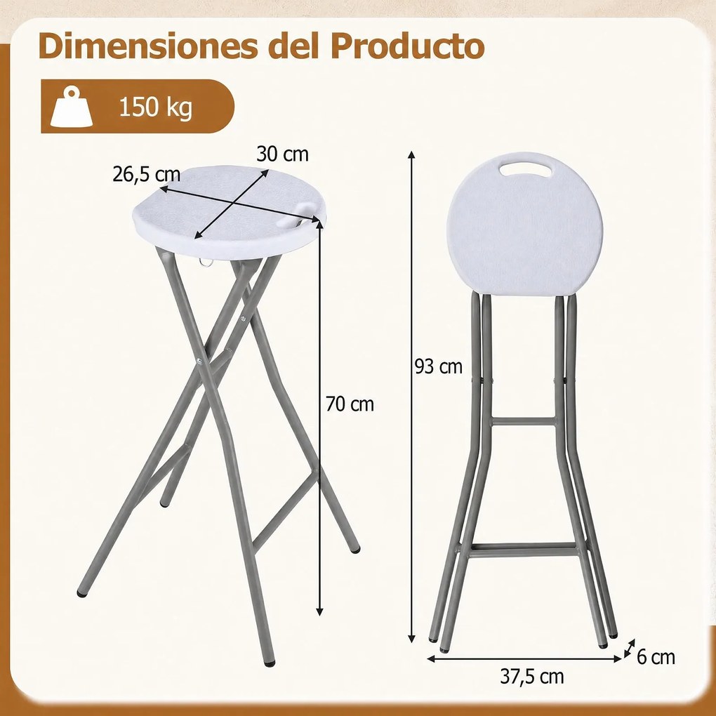 Conjunto de 2 Bancos altos Dobráveis, 30 x 26,5 x 70 cm, Suporte até 150 kg, Brancos