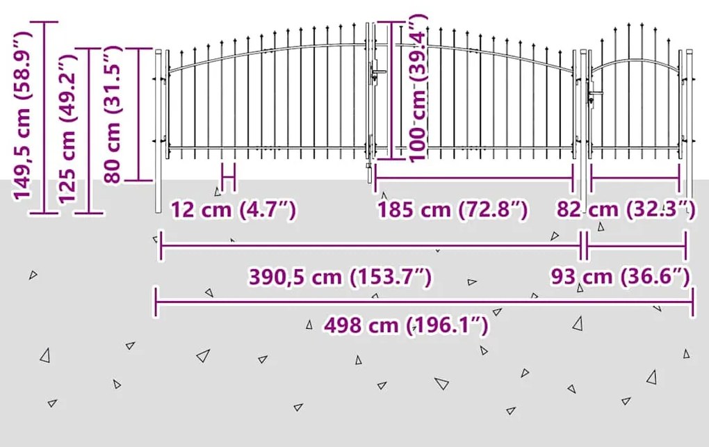 Portão de Jardim com Topo de Lança Cinza, 100 x 500 cm, em Aço