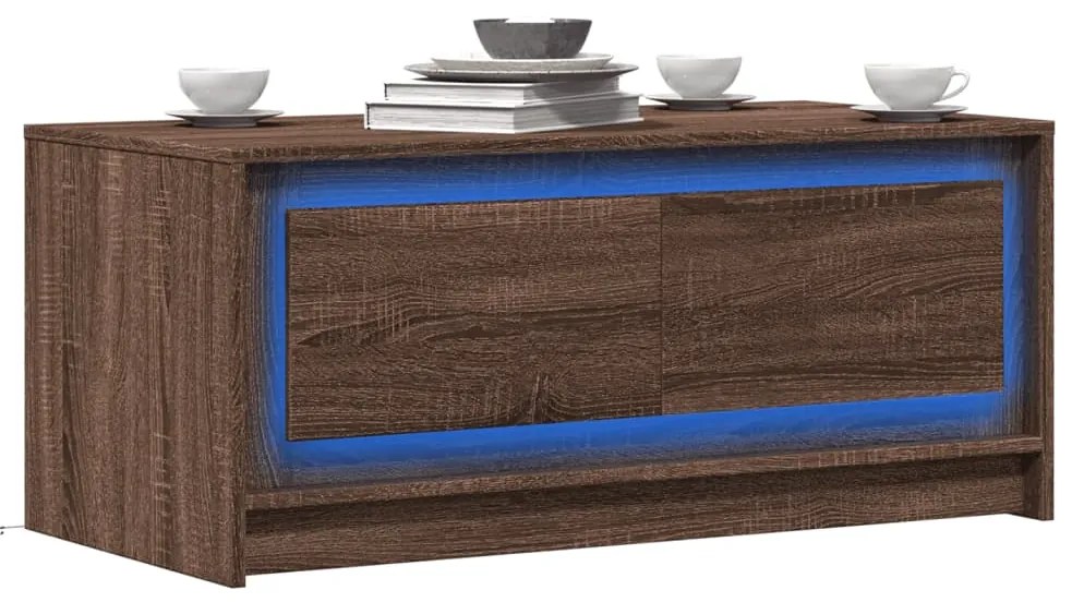 Mesa de centro c/ luzes LED derivados madeira carvalho castanho